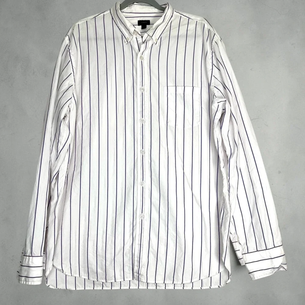 J.Crew Button-Down Shirt Mens XL White Blue Striped Cotton Long Sleeve Preppy
